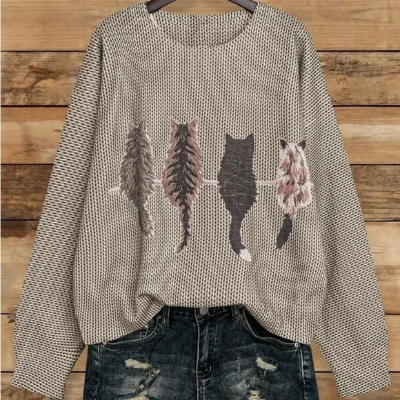 Cat Pattern Round Neck Long Sleeve Casual Pullover Sweater, Autumn/Winter - Picture 4 of 4